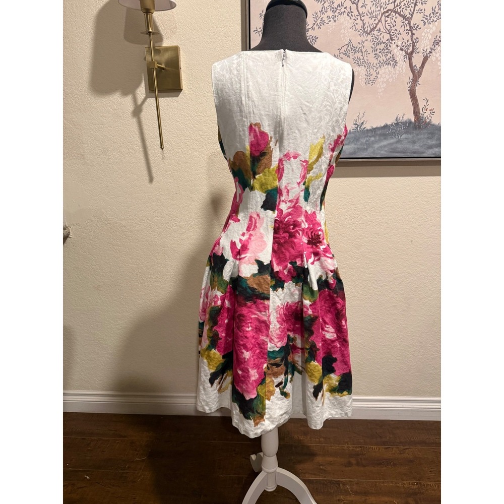 Jones New York Floral Jacquard Fit and Flare Dress Pink Green White Size 10 - Picture 3 of 7